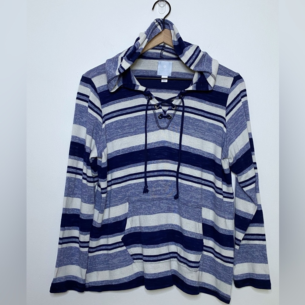 Sunday Brand Blue White Striped Lace Up Hoodie Pullover Sweater Large